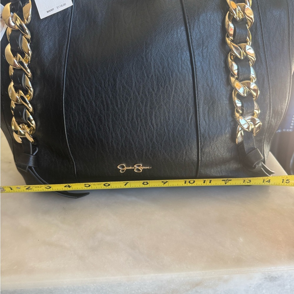 Black faux Leather Tote Bag with Gold Chain by Jessica Simpson - Picture 3 of 9
